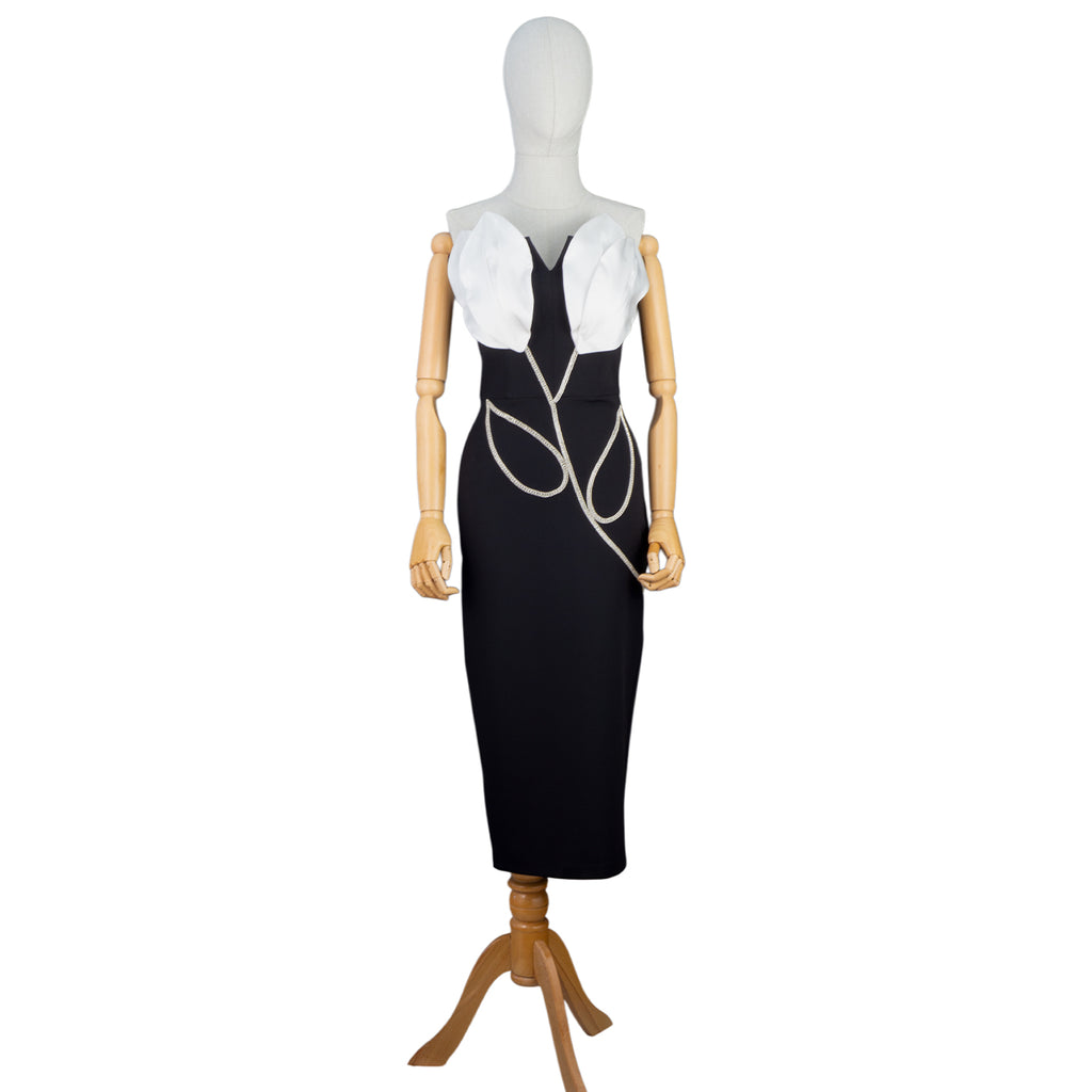 Black and White Petal Bodice Dress with Crystal Chain Accents