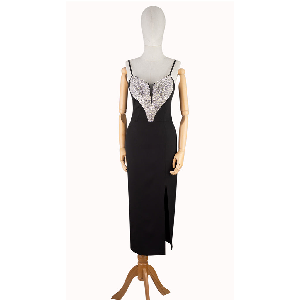 Black Dress with Deep Crystal-Embellished Neckline