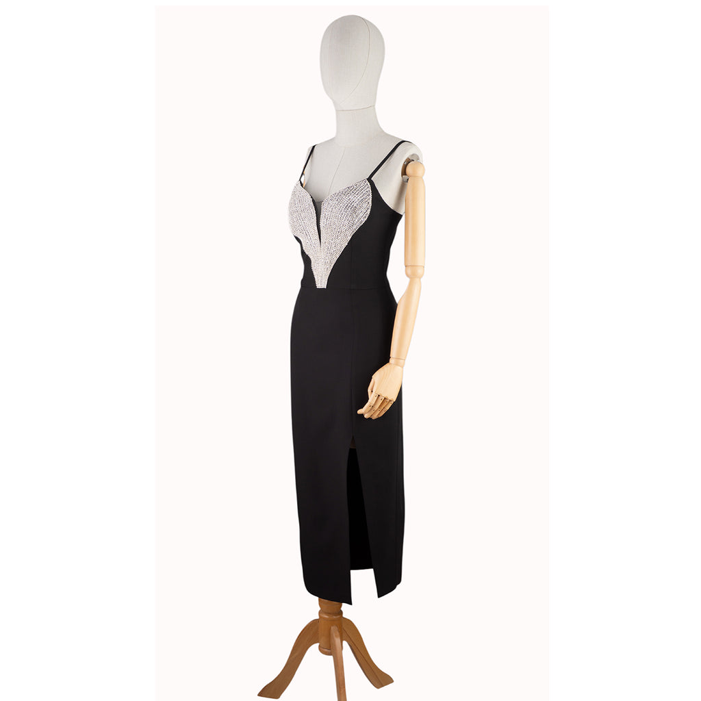 Black Dress with Deep Crystal-Embellished Neckline