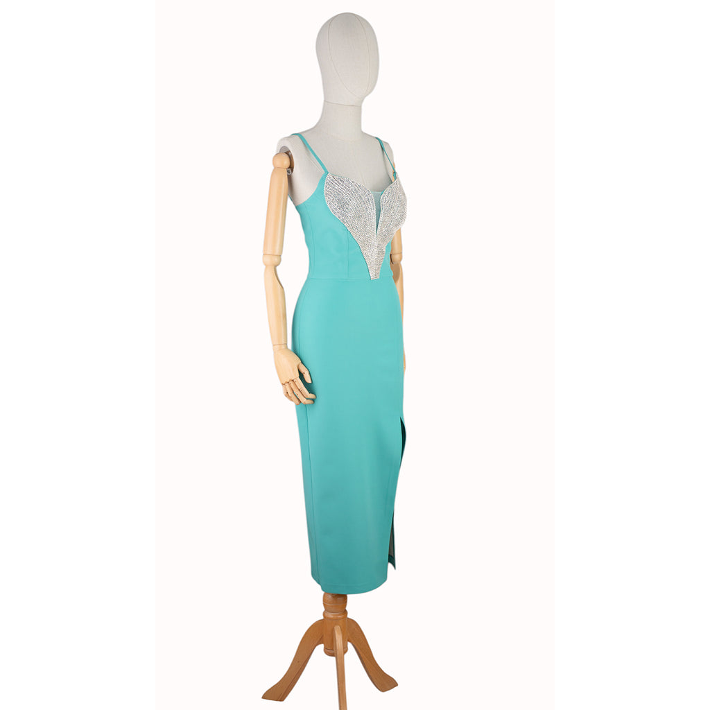 Mint Green Dress with Crystal Neckline and Side Slit