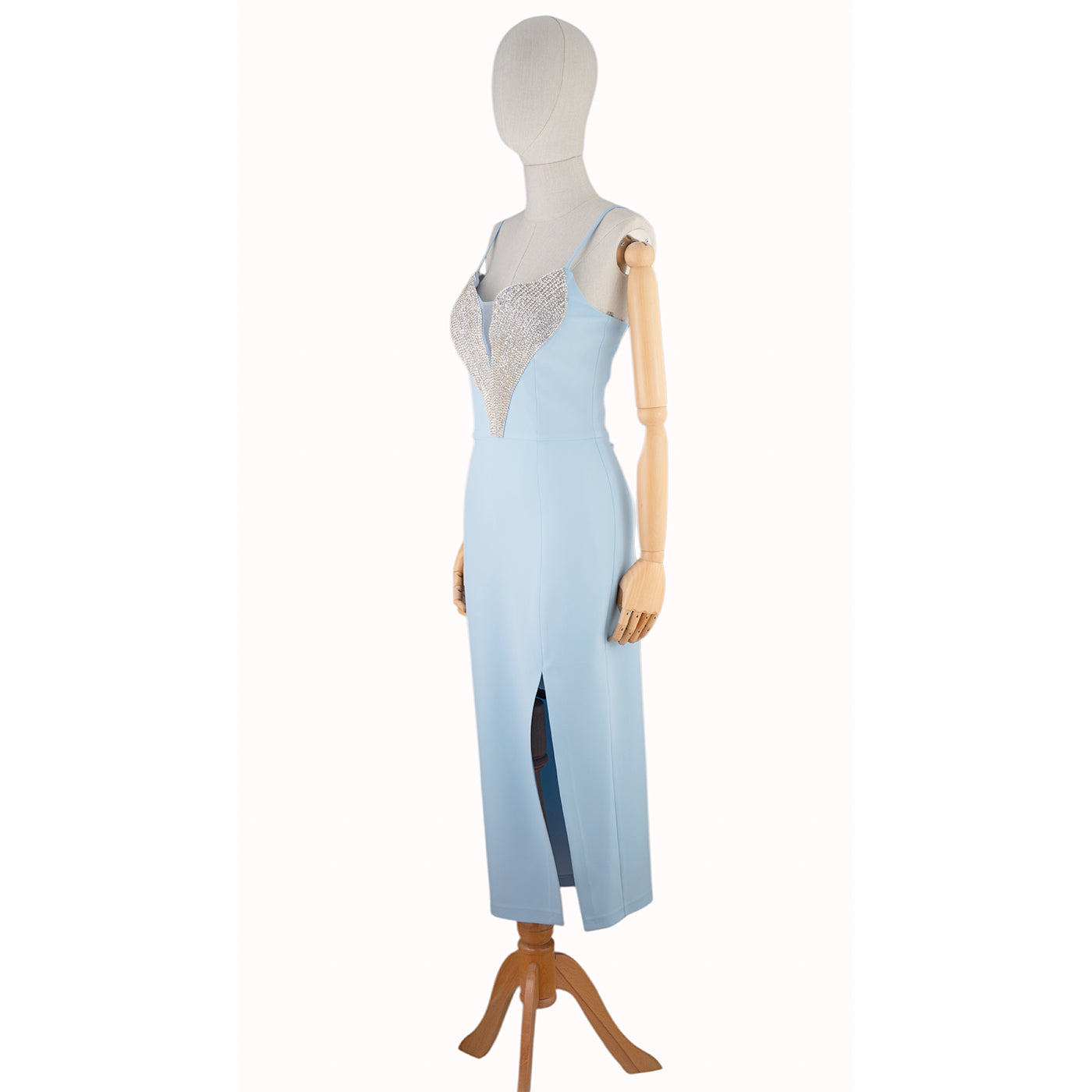 Light Blue Dress with Crystal Embellishment and Deep Neckline