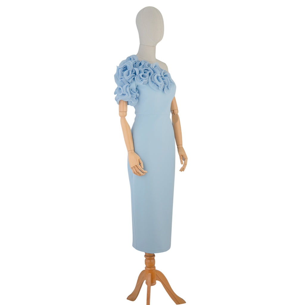 Light Blue One-Shoulder Dress with 3D Floral Detail