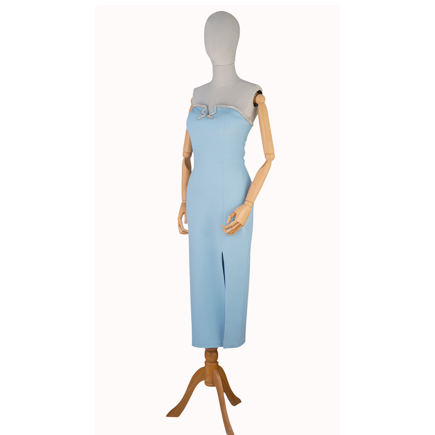 Light Blue Strapless Dress with Crystal Bow and Front Slit
