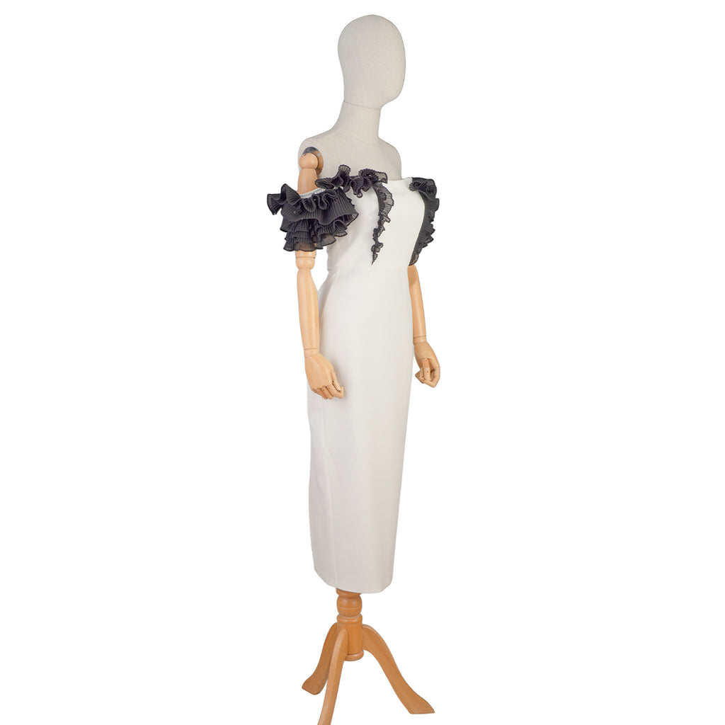 White Midi Dress with Black Sculptural Sleeves