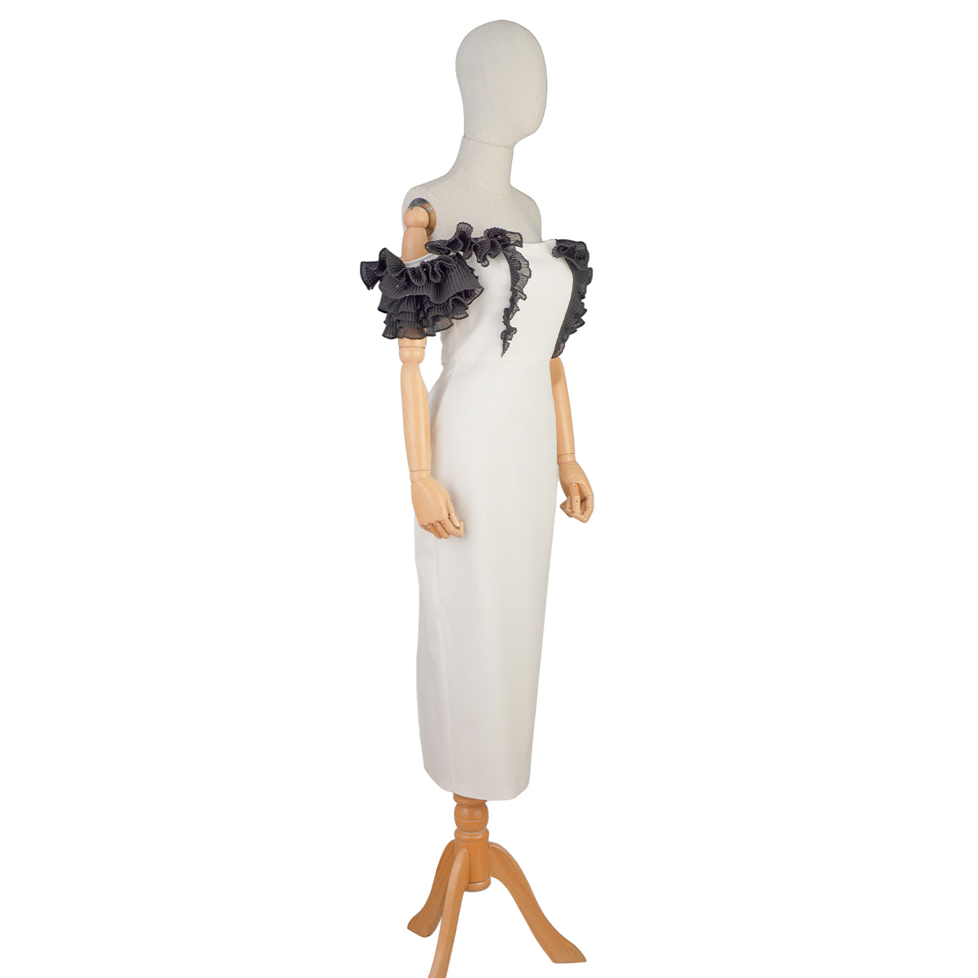 White Midi Dress with Black Sculptural Sleeves
