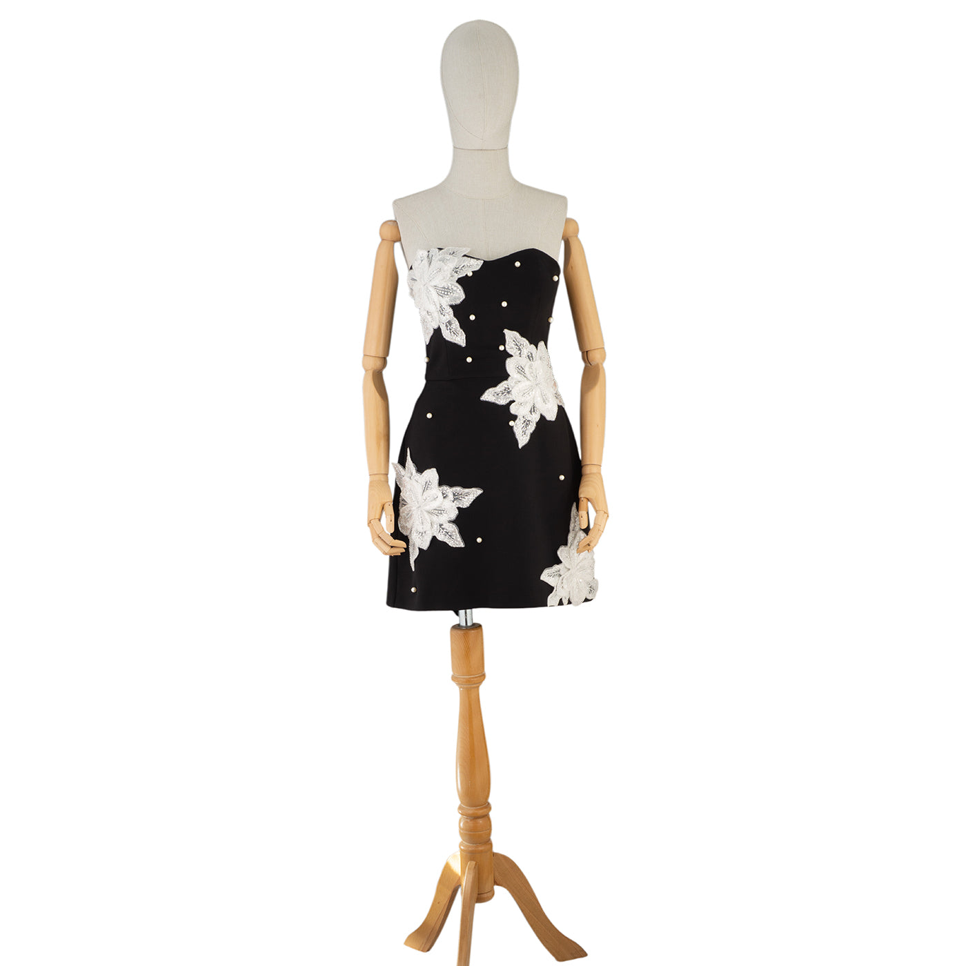 Black Mini Dress with White Floral Embroidery and Pearls