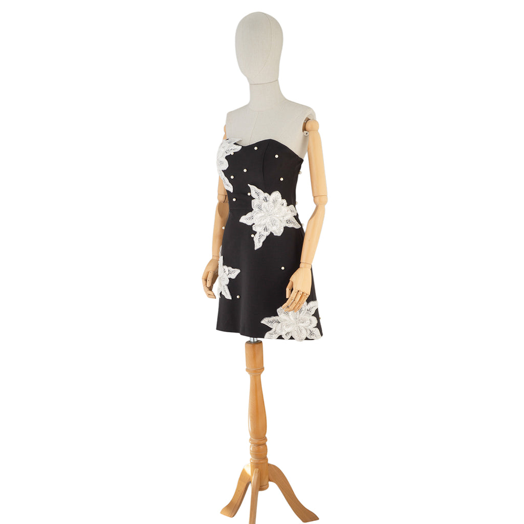 Black Mini Dress with White Floral Embroidery and Pearls