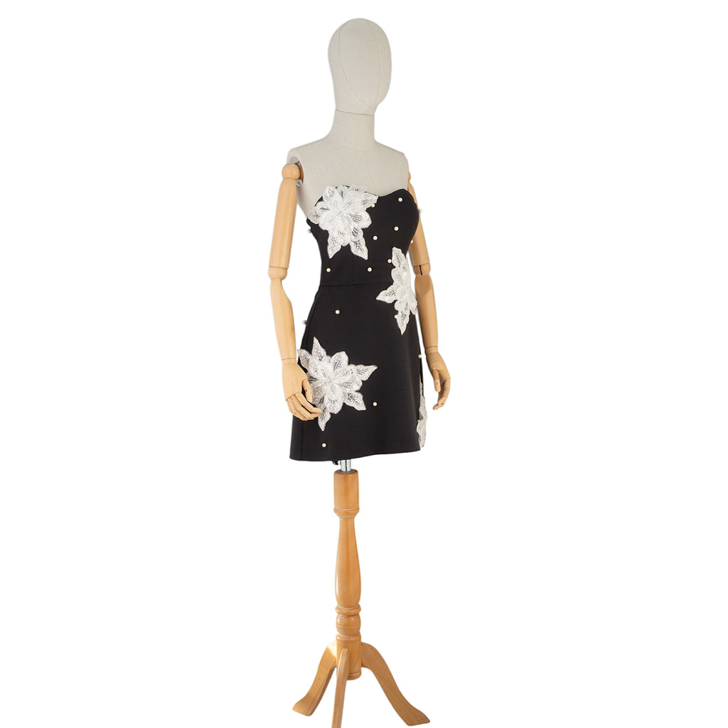 Black Mini Dress with White Floral Embroidery and Pearls