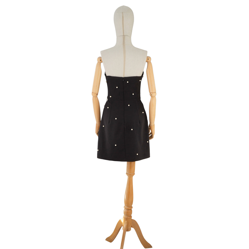 Black Mini Dress with White Floral Embroidery and Pearls