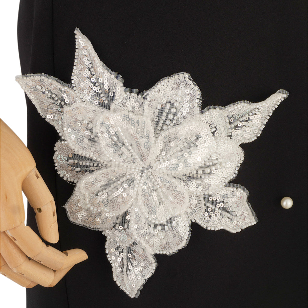 Black Mini Dress with White Floral Embroidery and Pearls