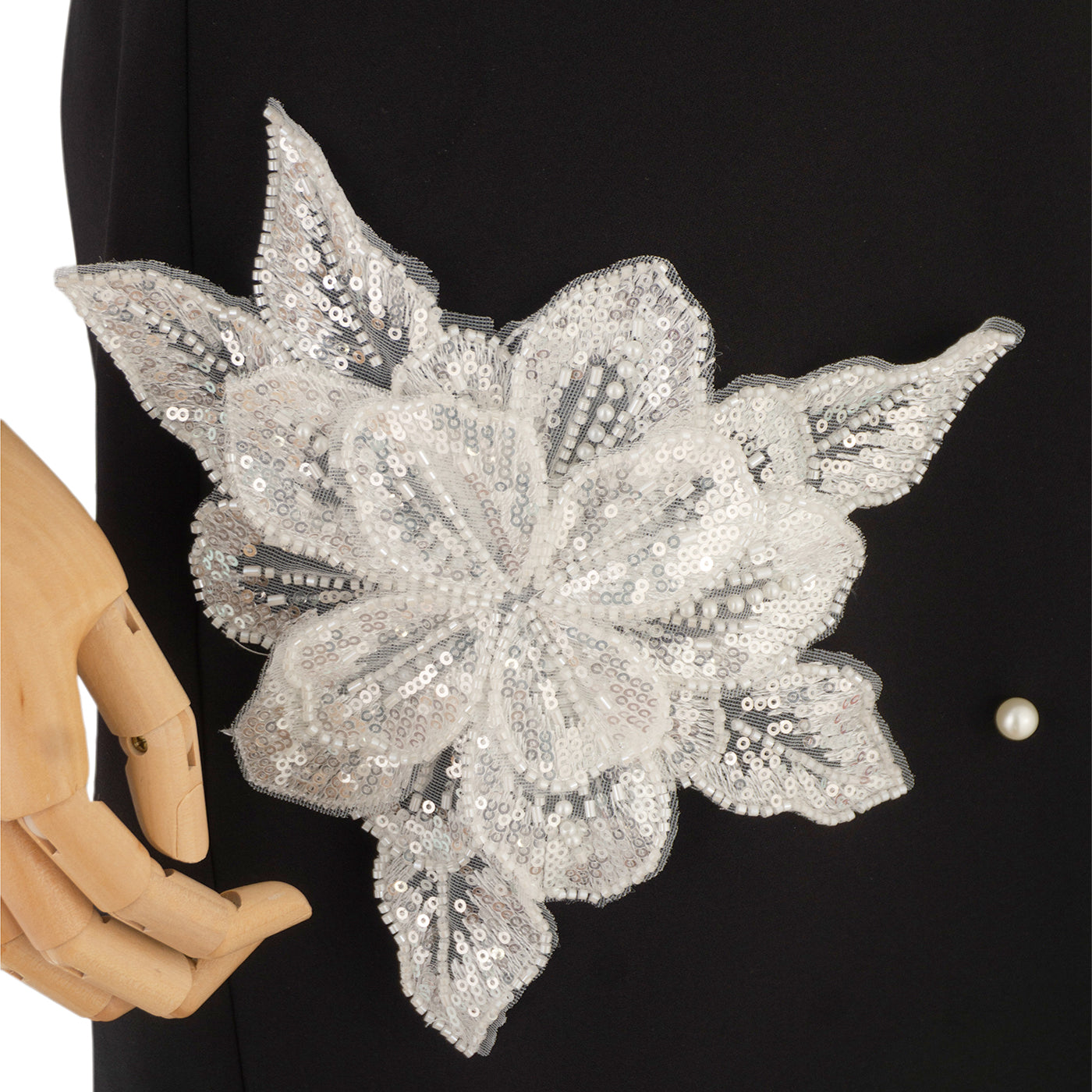 Black Mini Dress with White Floral Embroidery and Pearls