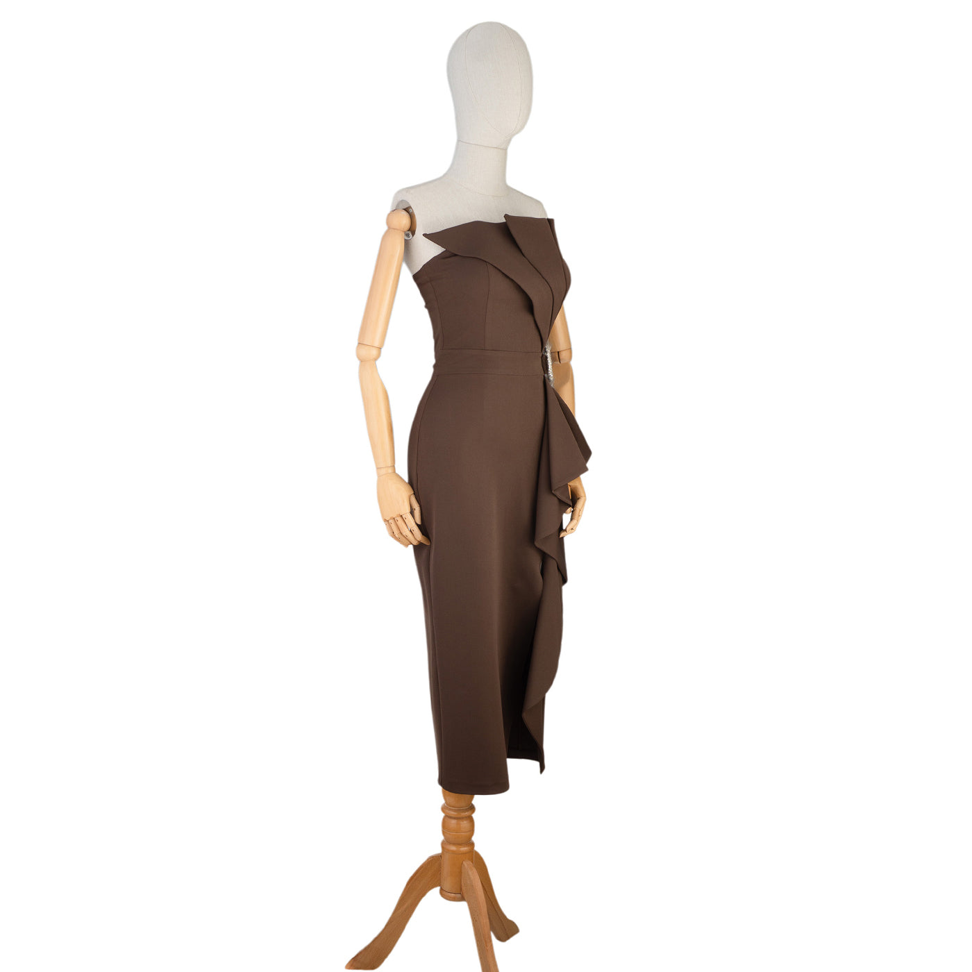 Brown Midi Dress with Ruffle Detail and Brooch Accent