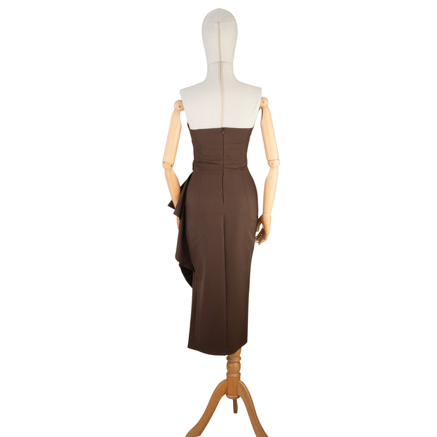 Brown Midi Dress with Ruffle Detail and Brooch Accent