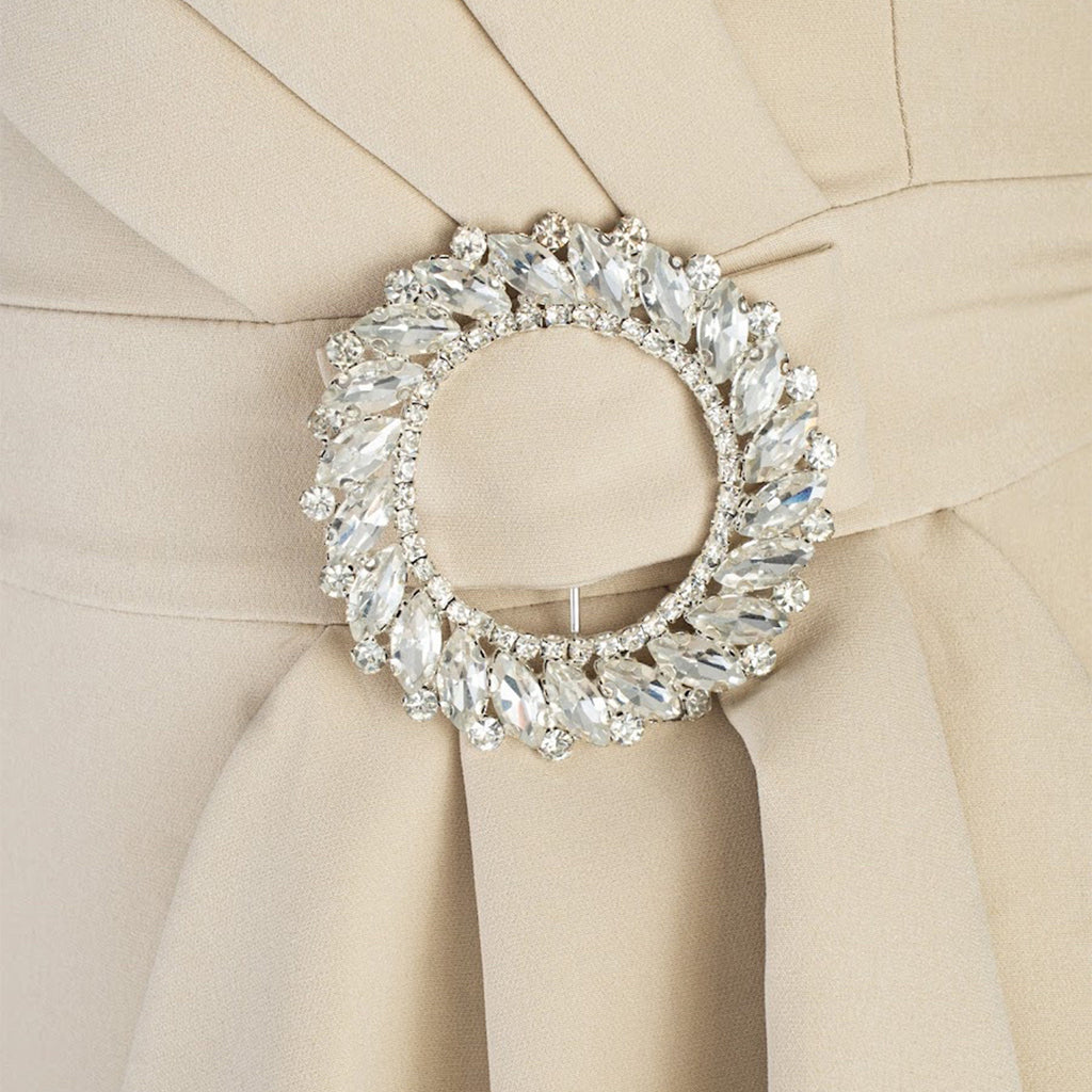 Corset Dress with Asymmetric Draping and Decorative Brooch