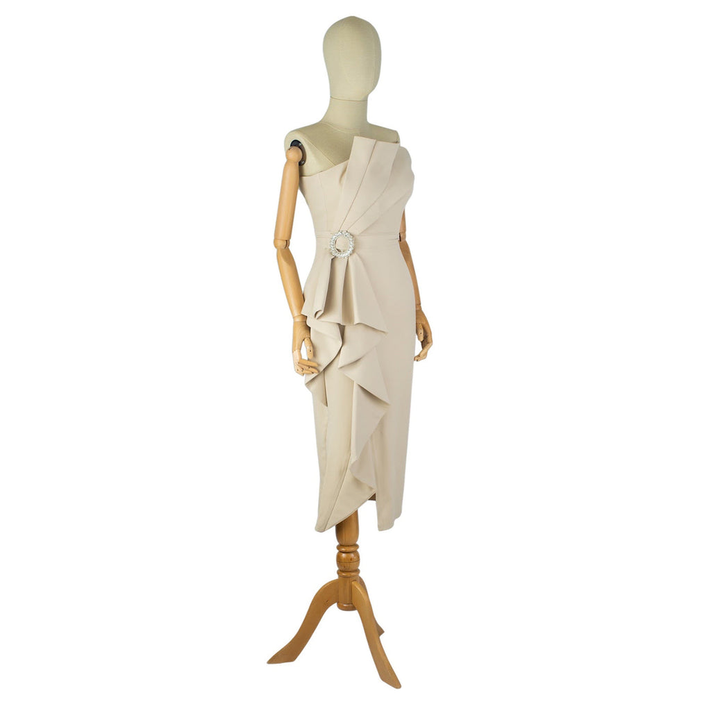 Corset Dress with Asymmetric Draping and Decorative Brooch