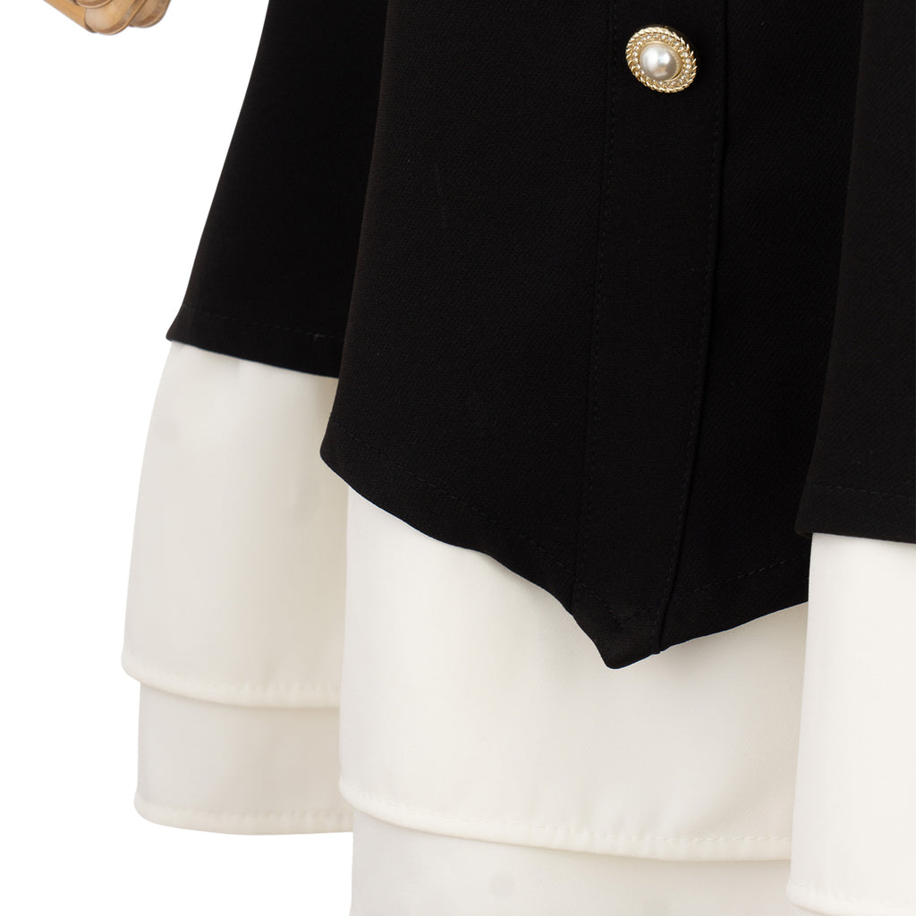 Elegant Black &amp; White Dress with Pearl Buttons