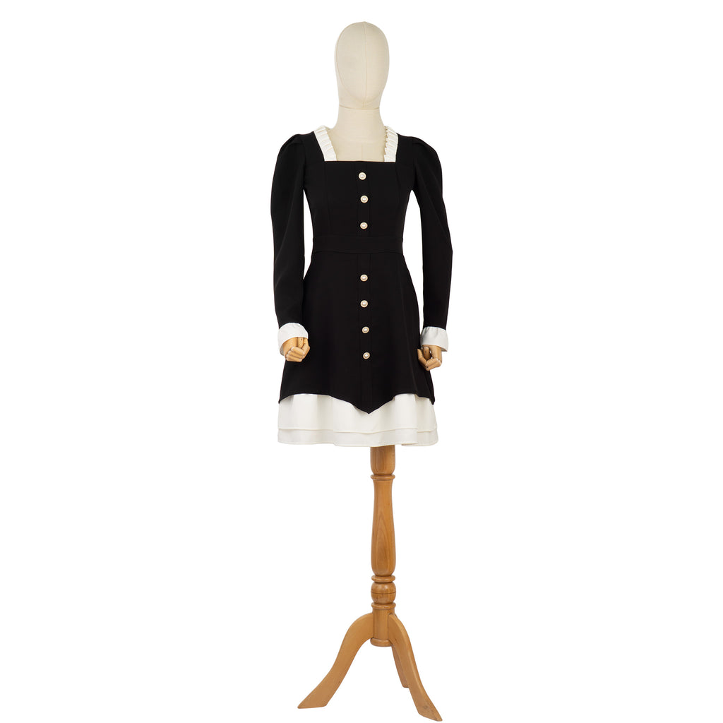 Elegant Black &amp; White Dress with Pearl Buttons