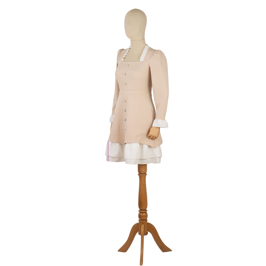 Beige Dress with White Ruffles and Decorative Buttons