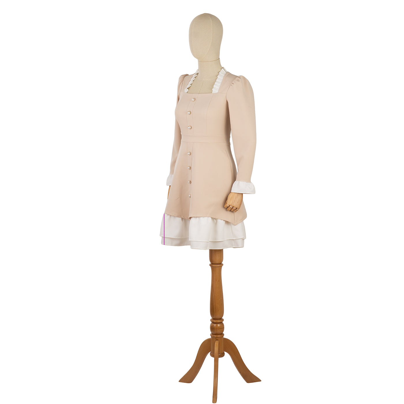 Beige Dress with White Ruffles and Decorative Buttons