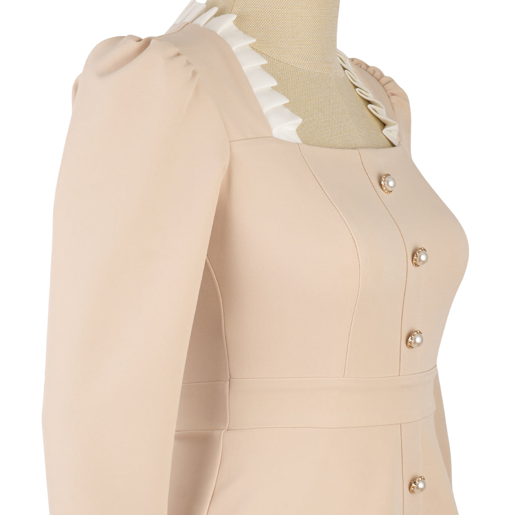 Beige Dress with White Ruffles and Decorative Buttons