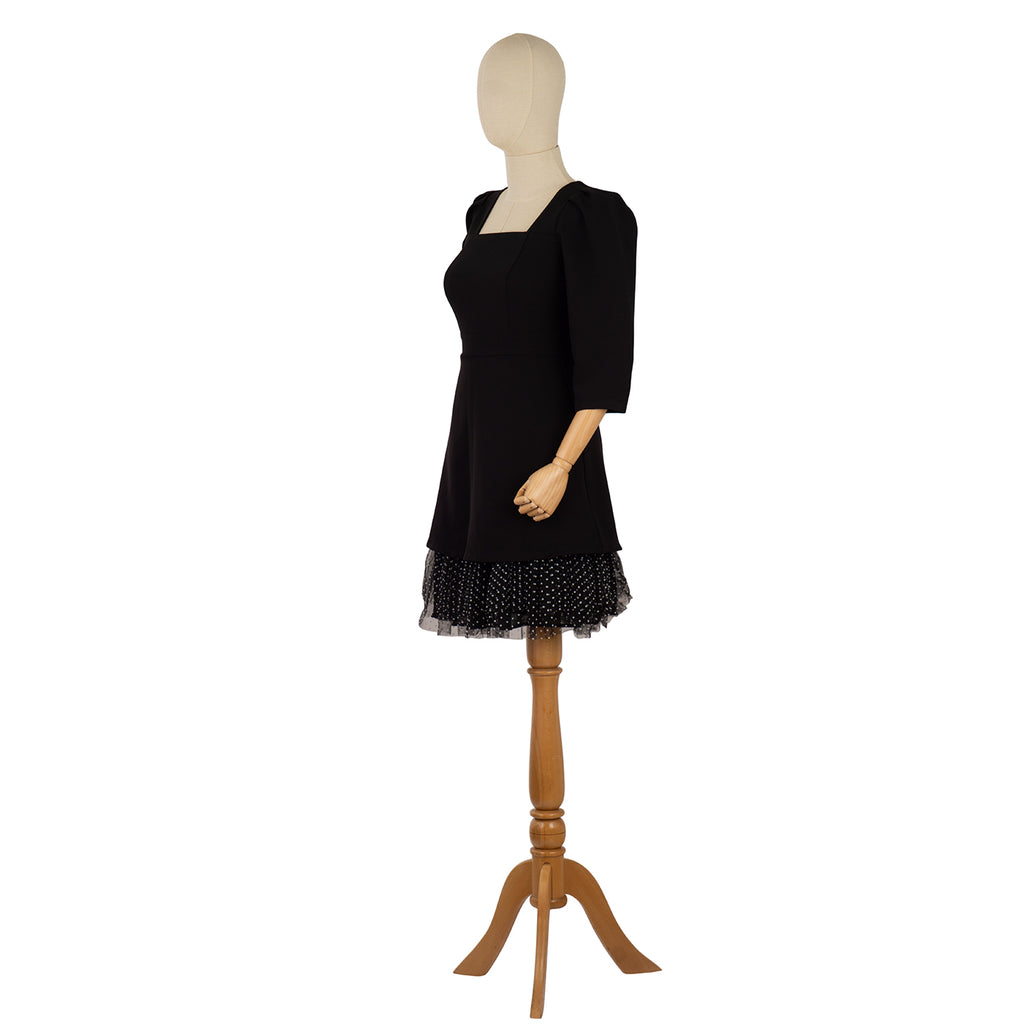 Black Dress with Polka Dot Layered Hem