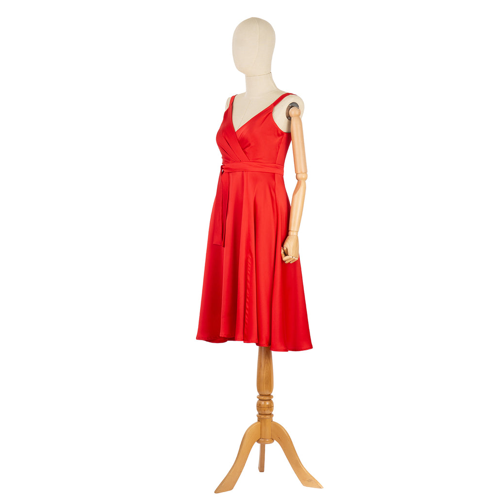 Red Satin Wrap Dress with Straps