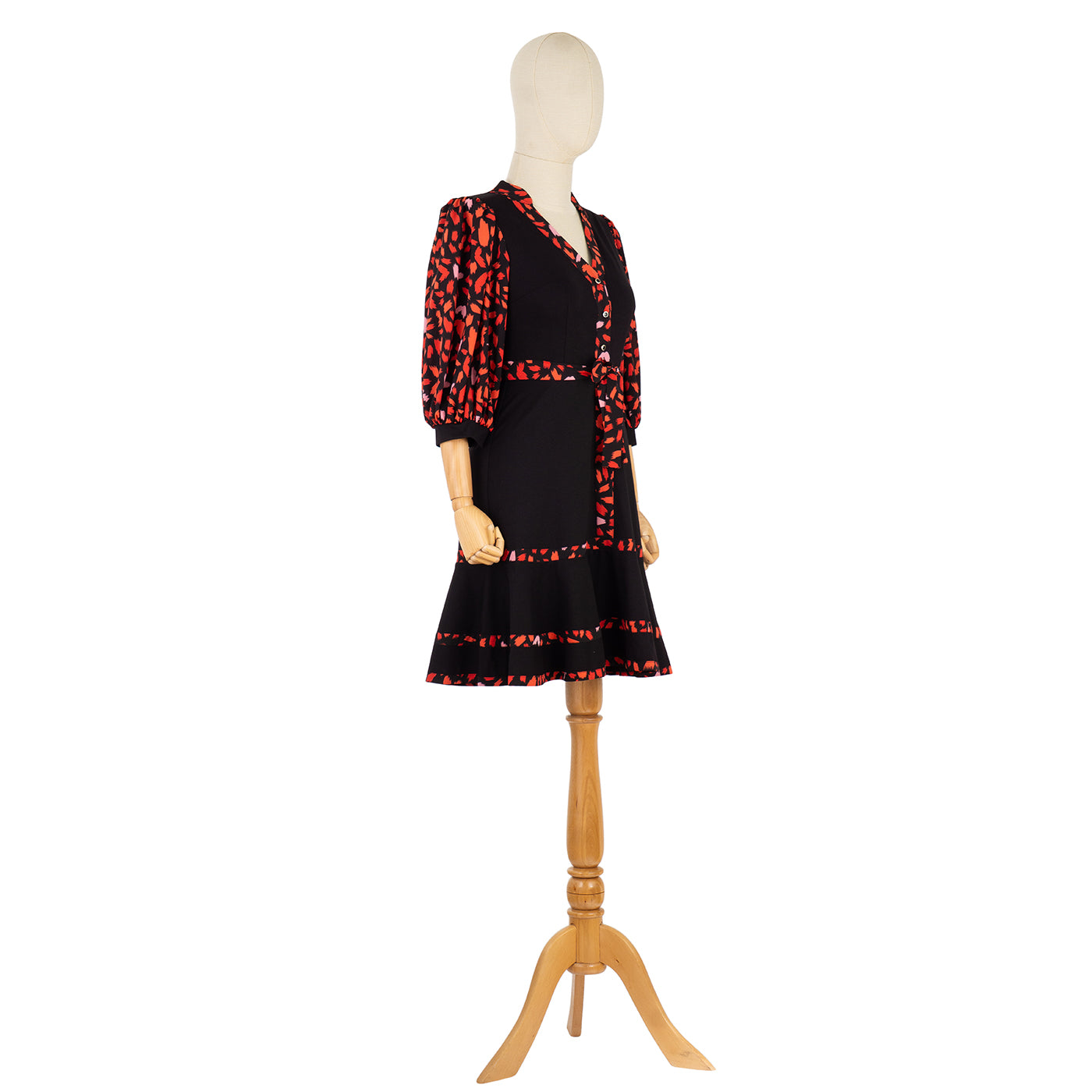 Black Dress with Red Print and Flared Skirt