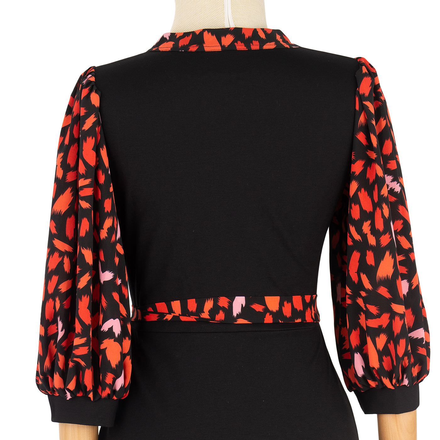 Black Dress with Red Print and Flared Skirt