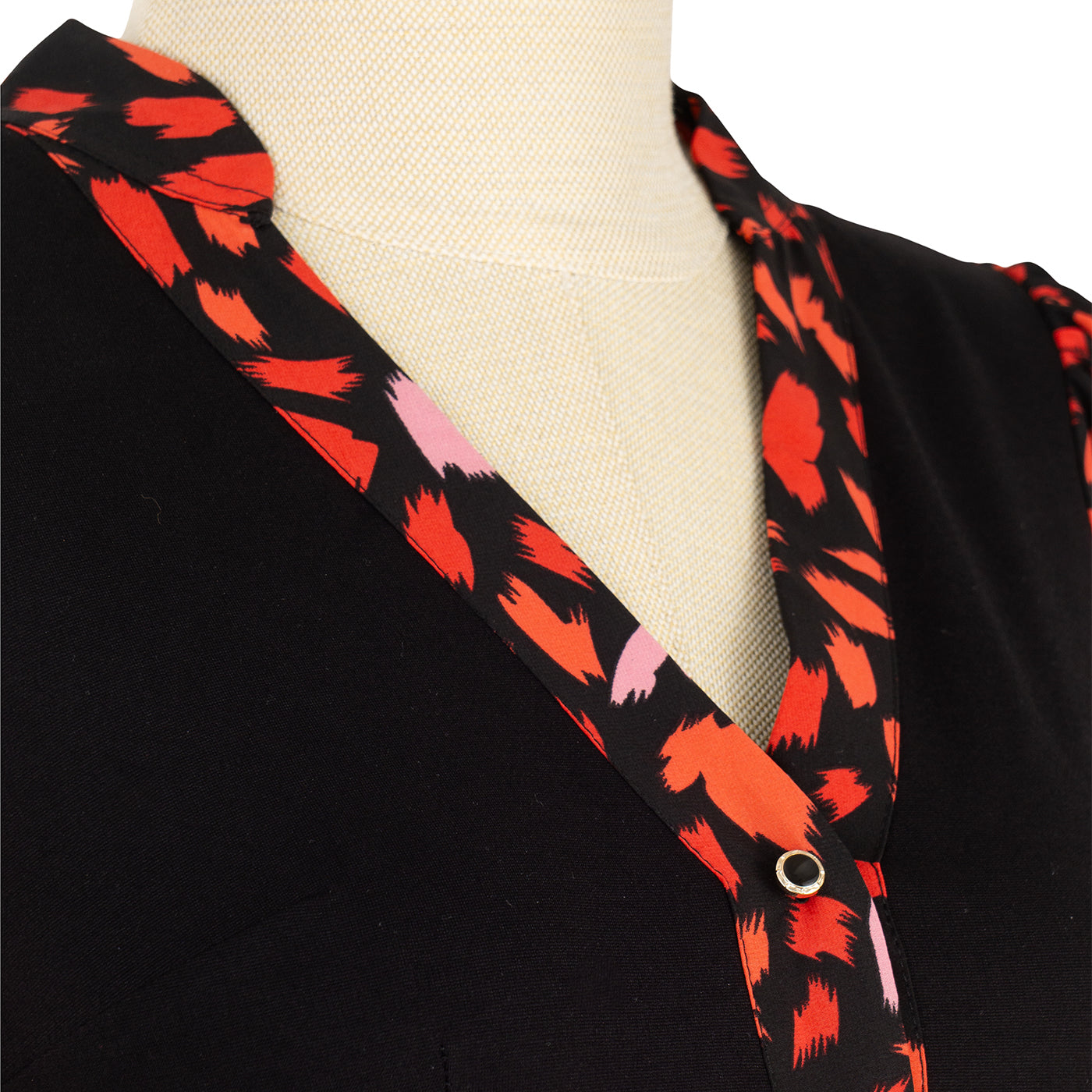 Black Dress with Red Print and Flared Skirt