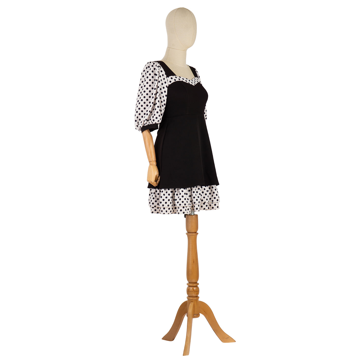 Puff-Sleeve Dress with Contrast Polka Dot Print