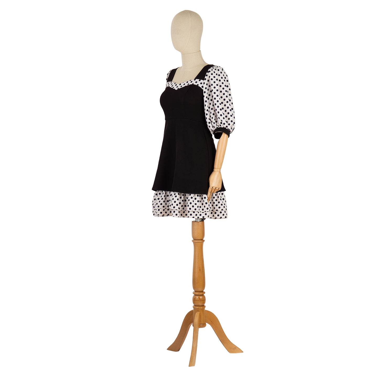 Puff-Sleeve Dress with Contrast Polka Dot Print