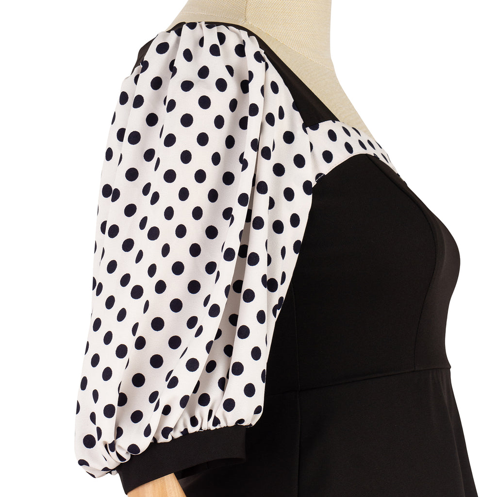 Puff-Sleeve Dress with Contrast Polka Dot Print