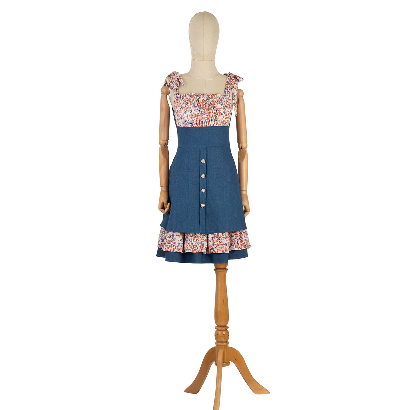 Floral Bodice Dress with Denim Inserts