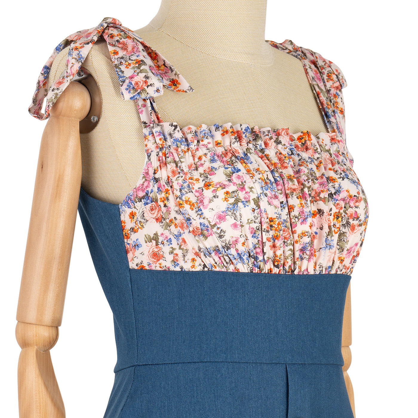Floral Bodice Dress with Denim Inserts