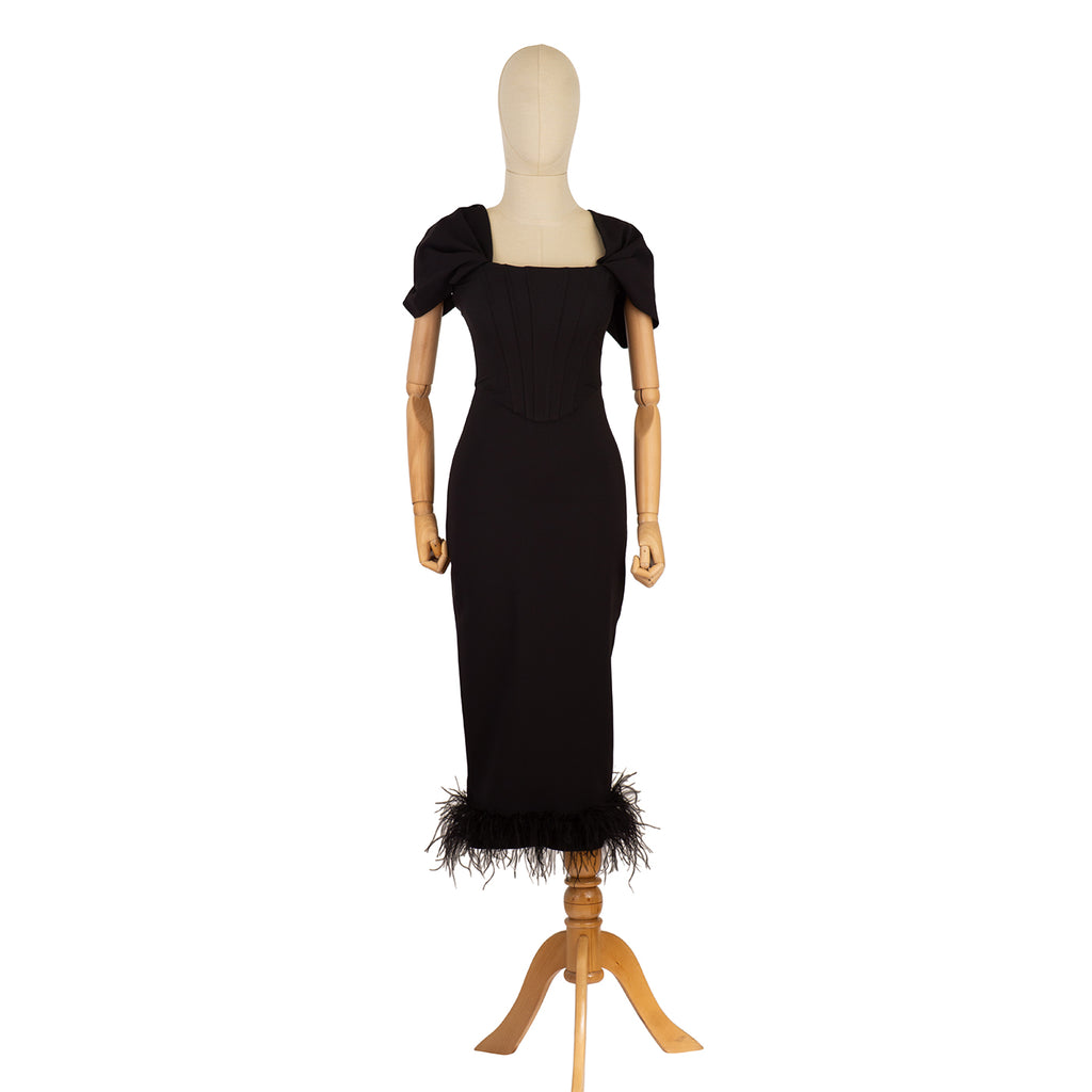 Black Evening Dress with Corset and Feathers