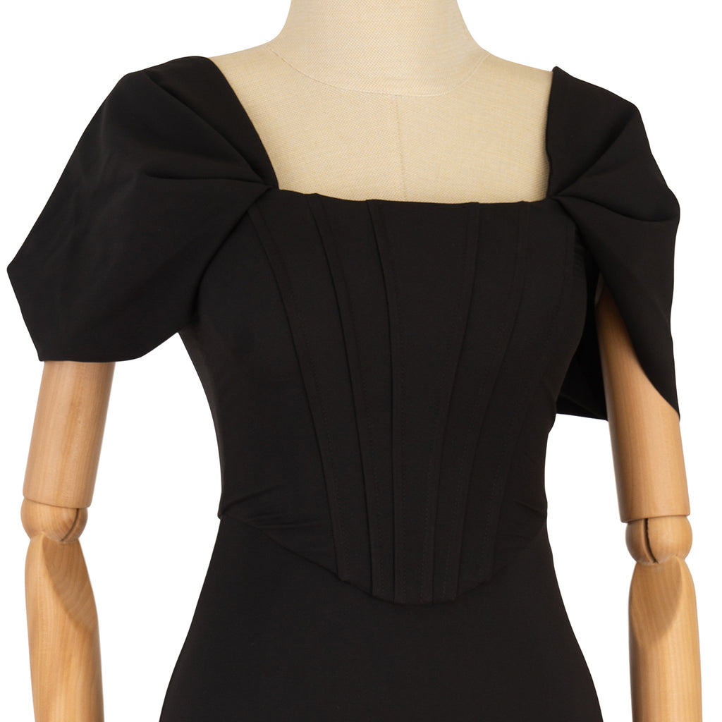 Black Evening Dress with Corset and Feathers