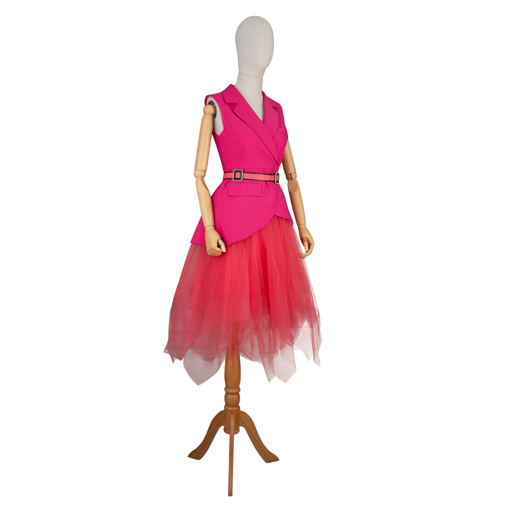 Sleeveless Tulle Skirt Dress with Vest-Style Top and Belt