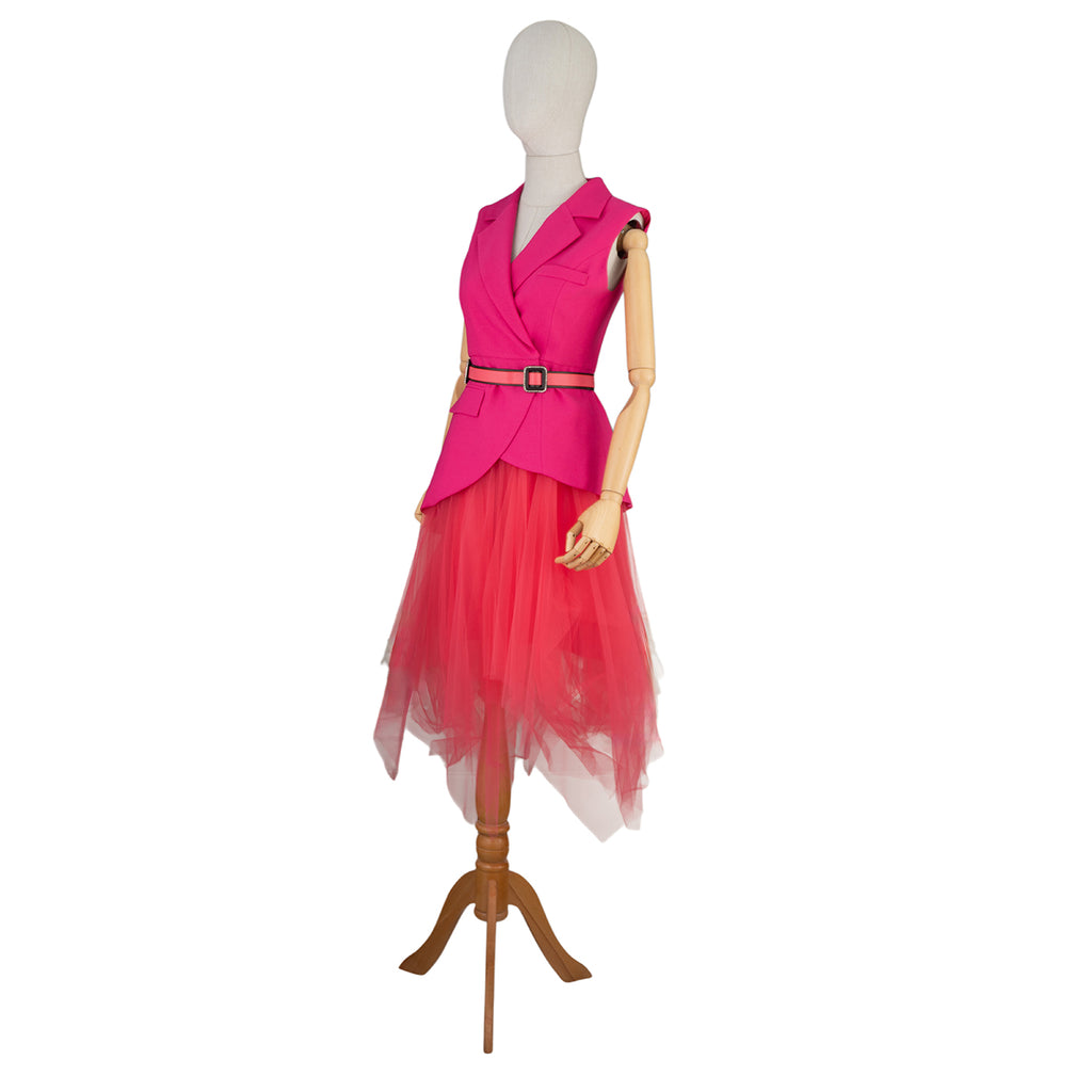 Sleeveless Tulle Skirt Dress with Vest-Style Top and Belt