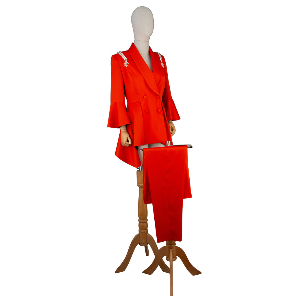 Bold Red Flared Sleeve Suit with Pearl Shoulder Detail