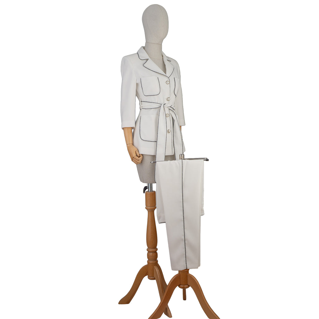 White Suit with Contrast Trim and Belt – Chic Simplicity for Modern Women