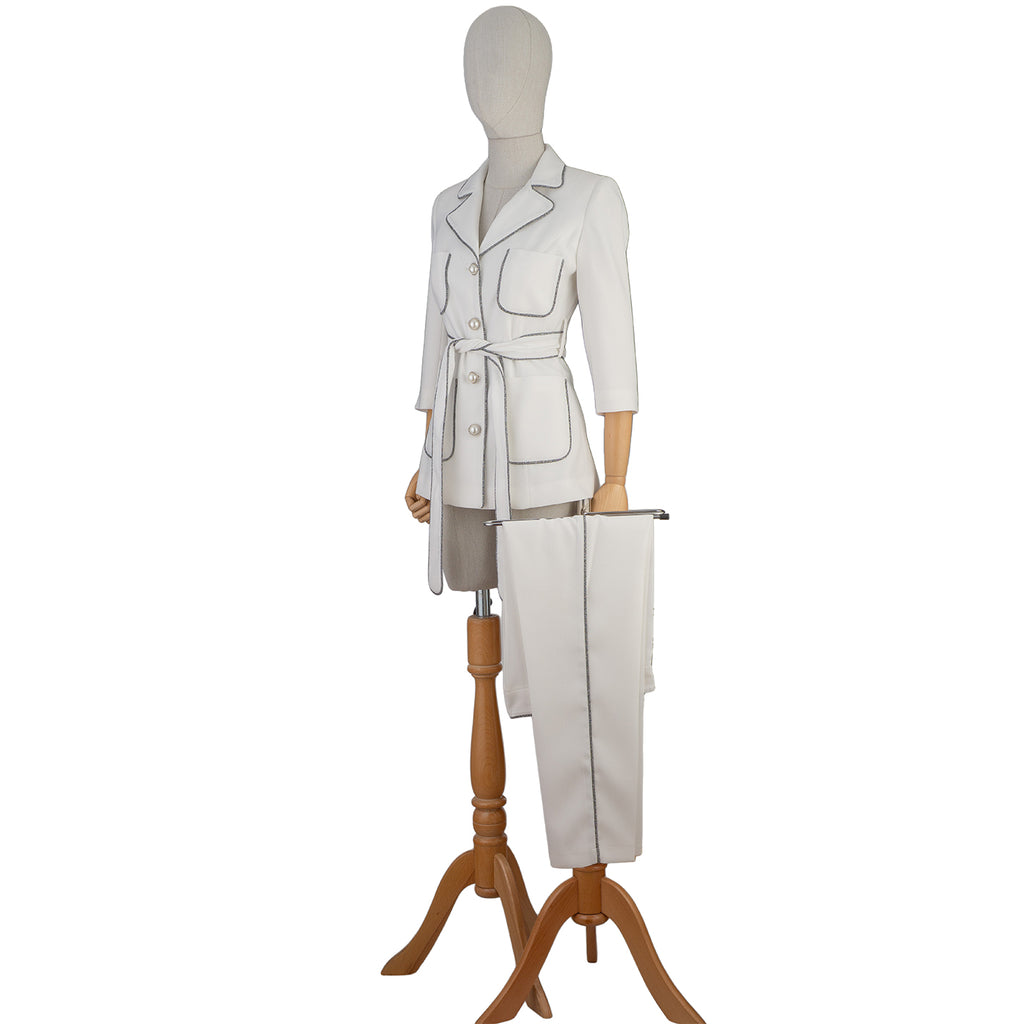 White Suit with Contrast Trim and Belt – Chic Simplicity for Modern Women