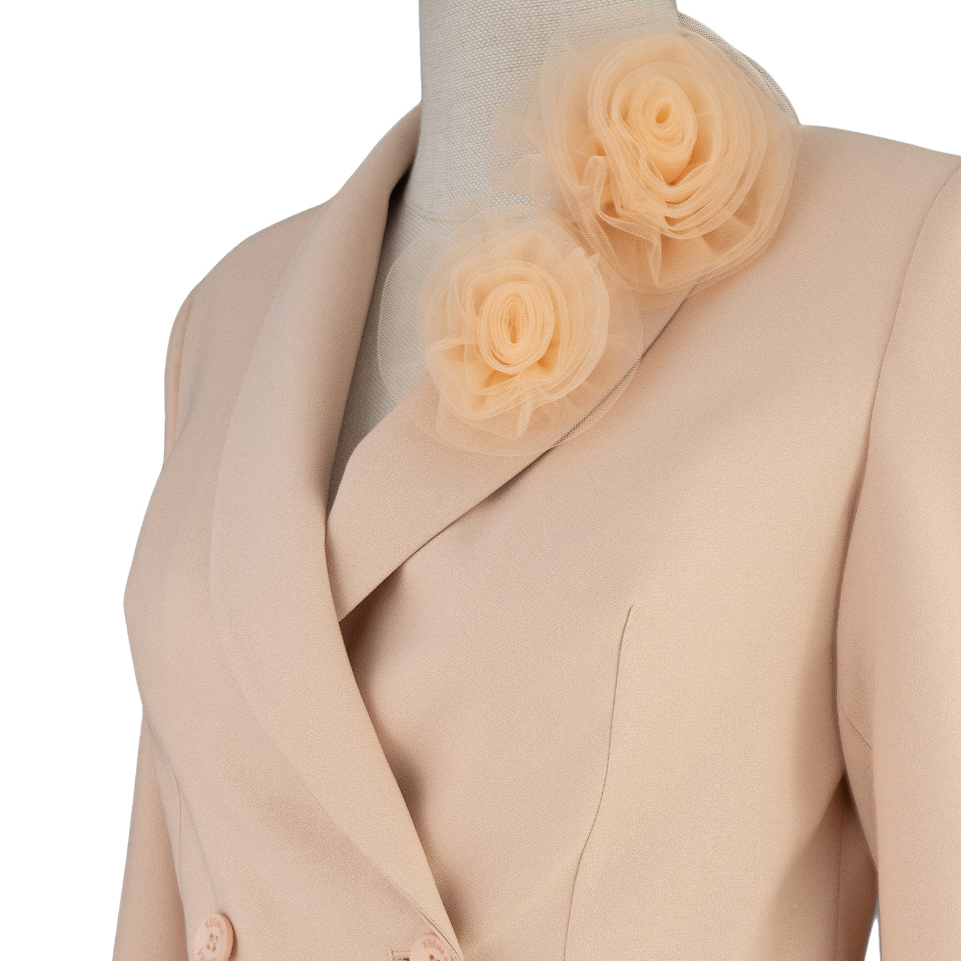 Soft Pastel Suit with Floral Detail and Tulle Skirt – Feminine and Refined