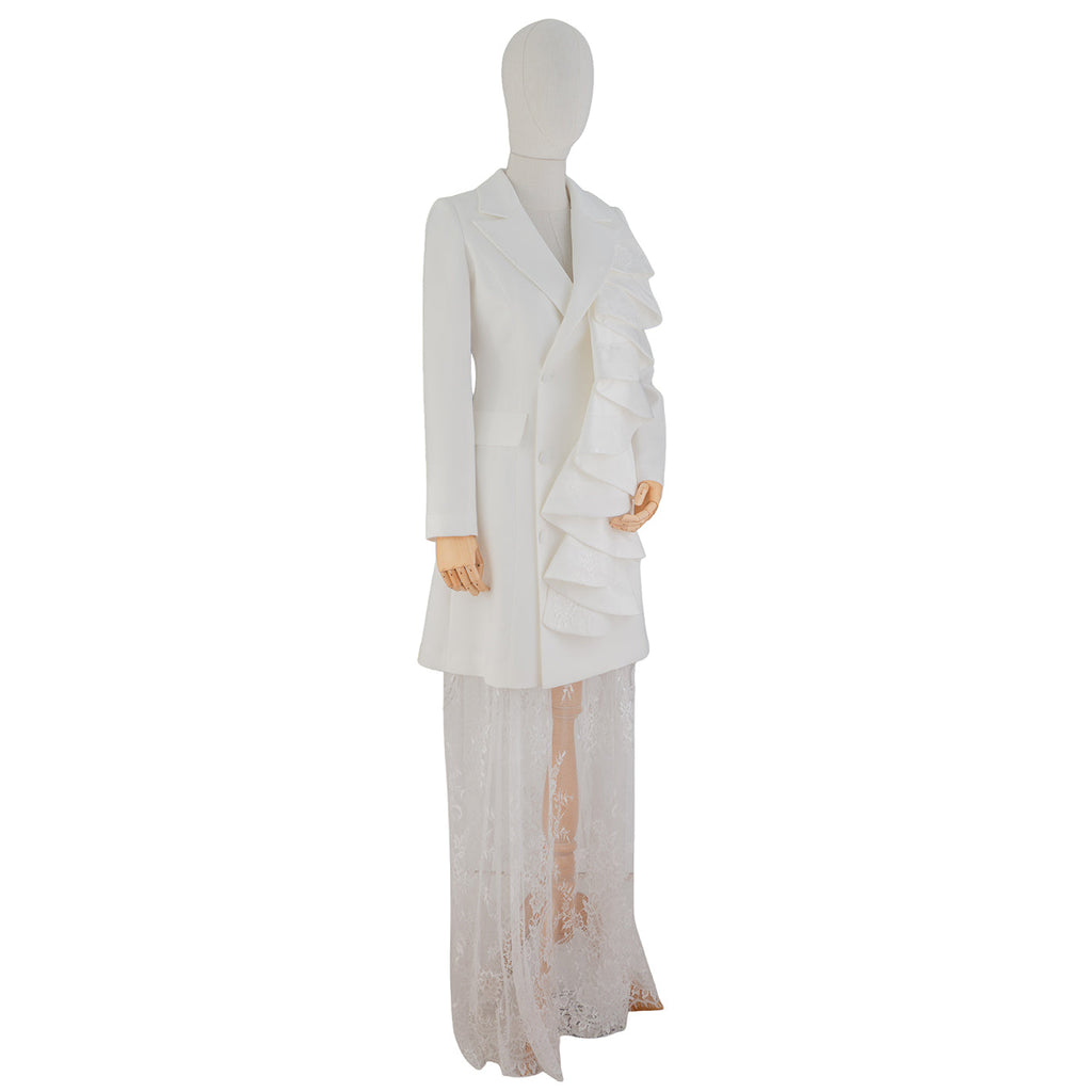 White Ruffle &amp; Lace Statement Suit Dress — Pure Sophistication