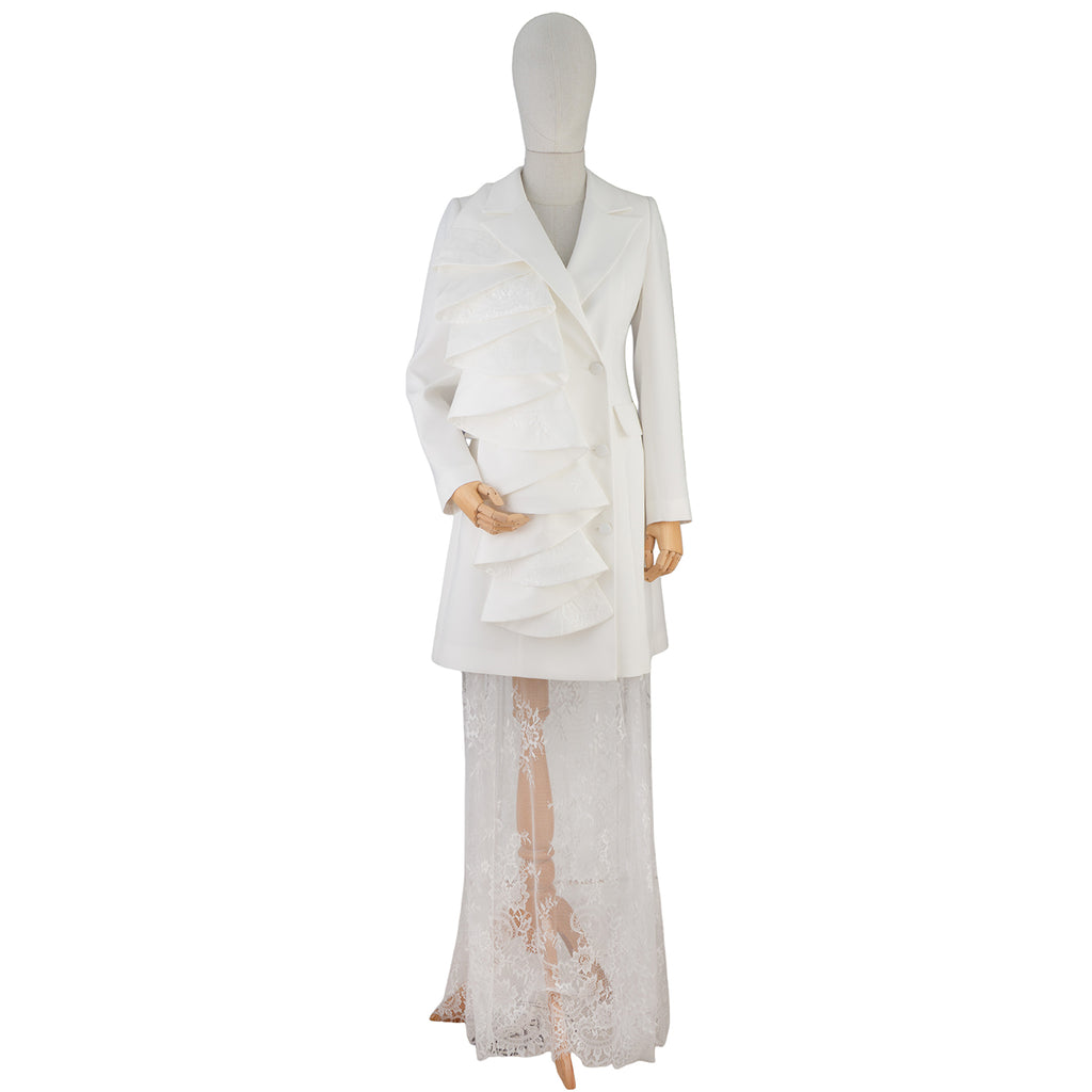 White Ruffle &amp; Lace Statement Suit Dress — Pure Sophistication