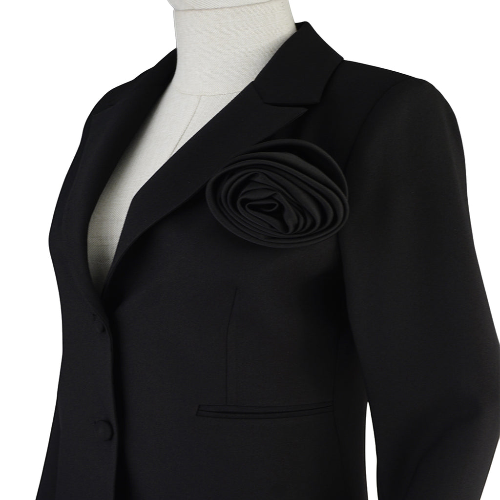 Black Women’s Suit with Floral Lapel — Sophisticated Elegance