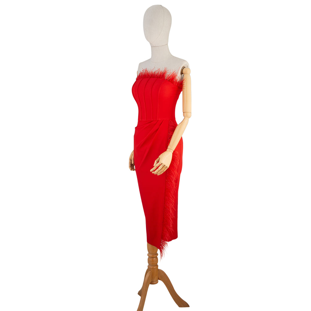 Red Feather Corset Bodycon Midi Dress