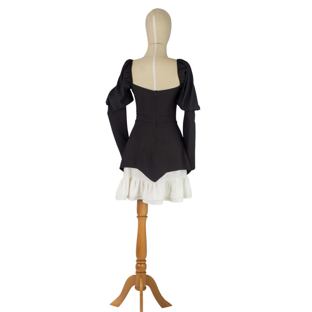 Black Mini Dress with White Ruffles and Statement Sleeves