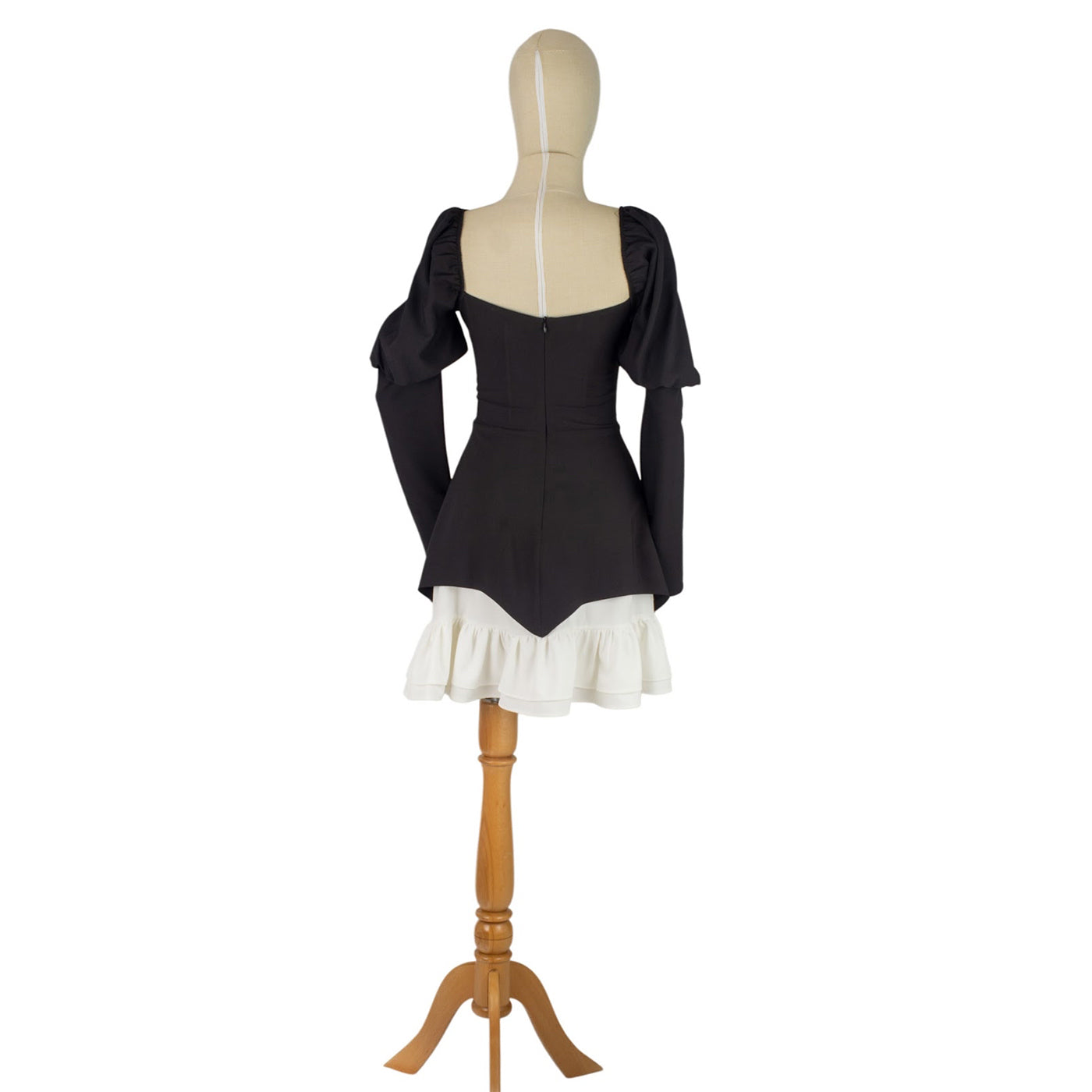 Black Mini Dress with White Ruffles and Statement Sleeves