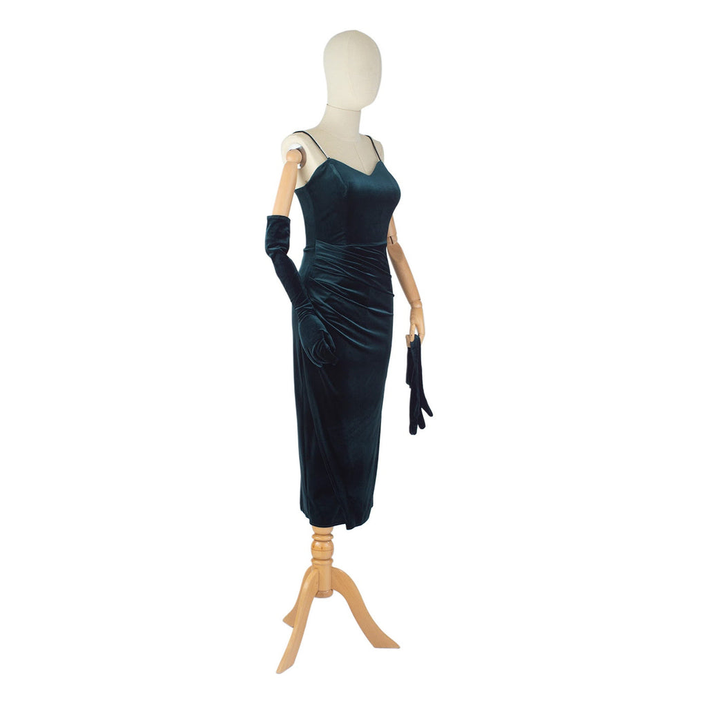 Emerald Velvet Strappy Dress with Matching Gloves
