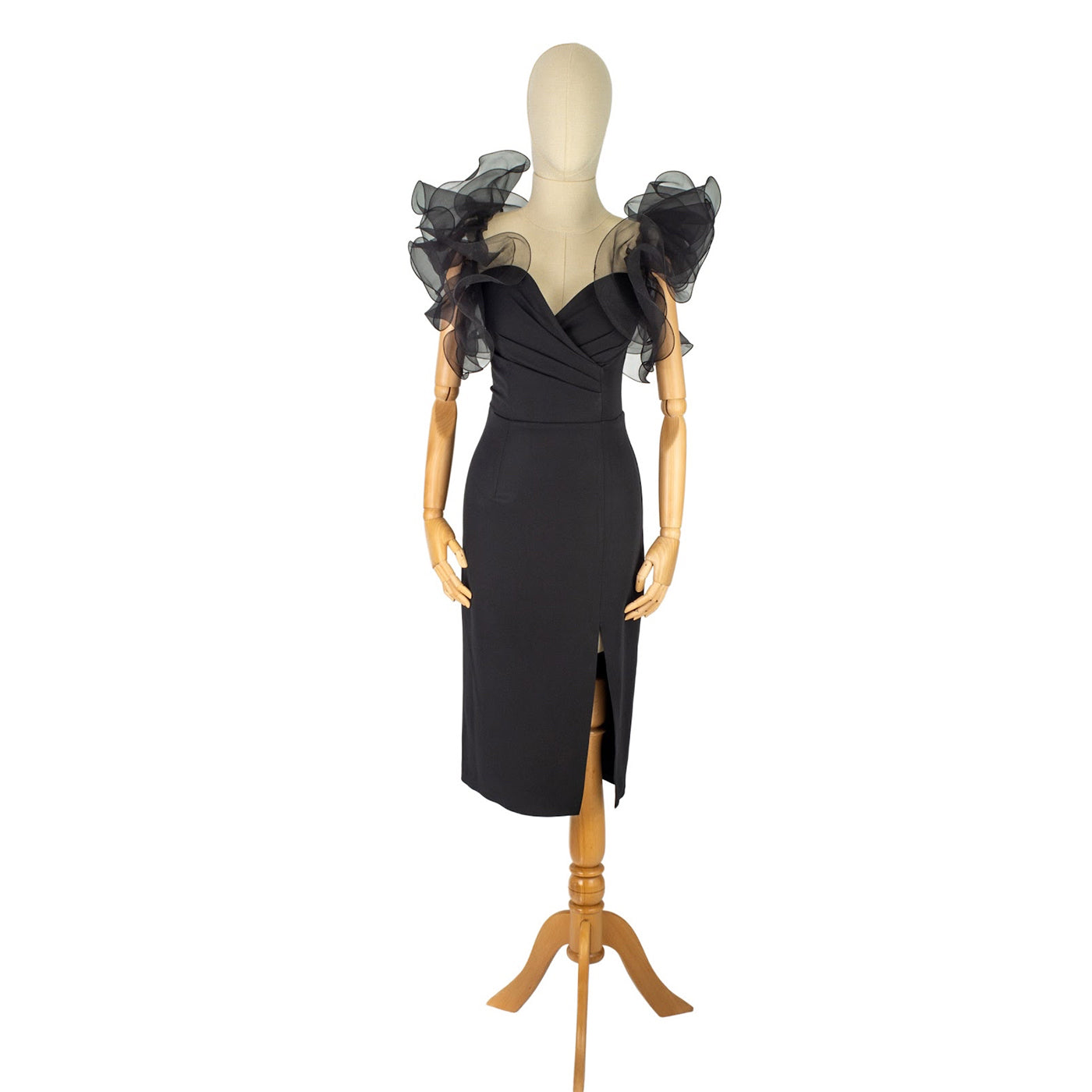 Black Midi Dress with Dramatic Ruffle Shoulders